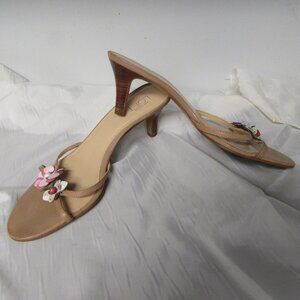 Ann Taylor Loft Tan Open Toe Leather Pink Floral Kitten Heel Sz 8.5 M
